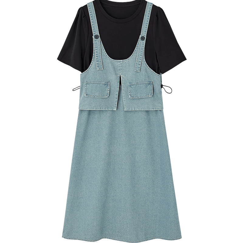 Demana Faux Two-Piece Layered Effect Summer Round Neck Cloud Cotton Denim Patchwork Mid-Length Women's Knit Dress