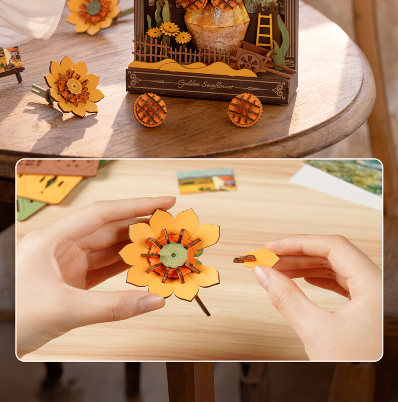 Ruotai Wooden Art Painting Assembly Toy, DIY Handmade Building Blocks, Flower Bouquet Birthday Gift for Girls, Golden Sunflower 1