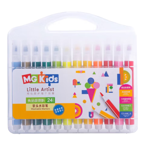 M&G 24-Color Soft-Tip Watercolor Markers, Food-Grade Ingredients, Washable, Safe Cap, Children's Doodle Pens, Handmade Gift, Single Box ZCPN0385 Watercolor Pens