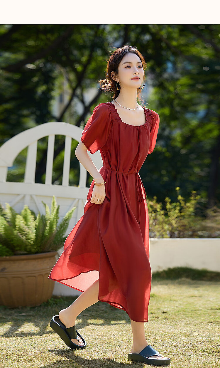 Demana Vintage Small Rose Summer Lightweight Glossy Lyocell Square Neck Ruffle Sleeve Belted A-Line Women's Dress 7