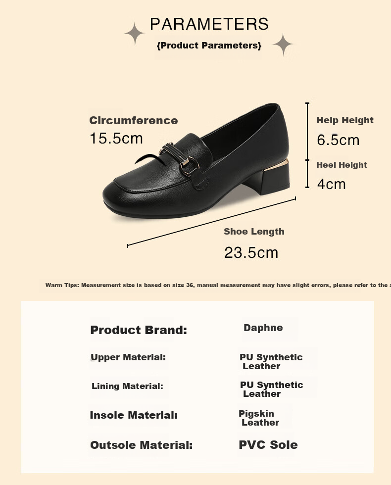 DAPHNE Chunky Mid-Heel Loafers for Women, Fashionable Comfortable Versatile Slip-On Leather Shoes, Black, Size 36 3