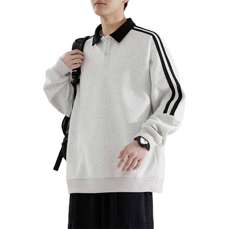 Foss Phil Casual Sweatshirt for Men, Spring And Autumn Loose Polo Collar Striped Long-Sleeve Base Layer American-Style Top, 8900 Floral White Gray, 3XL