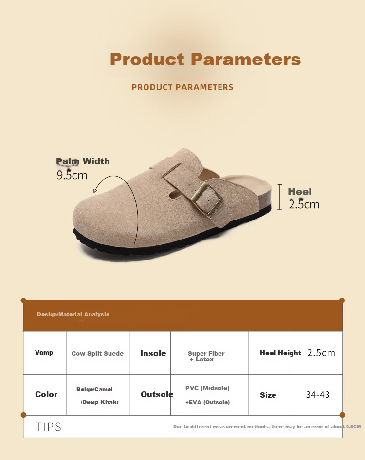 ZHR Women's Slippers, Retro Suede Cowhide Birkenstock-Style Shoes, Soft-Soled Outdoor Wear, Closed-Toe Slippers for Women, JQ03, Sand Color, Size 35 6