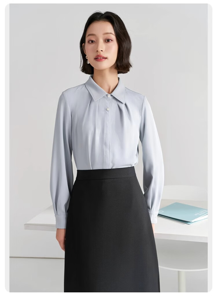 Bodexiaojie White Blouse for Women, Professional Commute Straight Shoulder Top, Petite Elegant Outfit, Formal Shirt 22