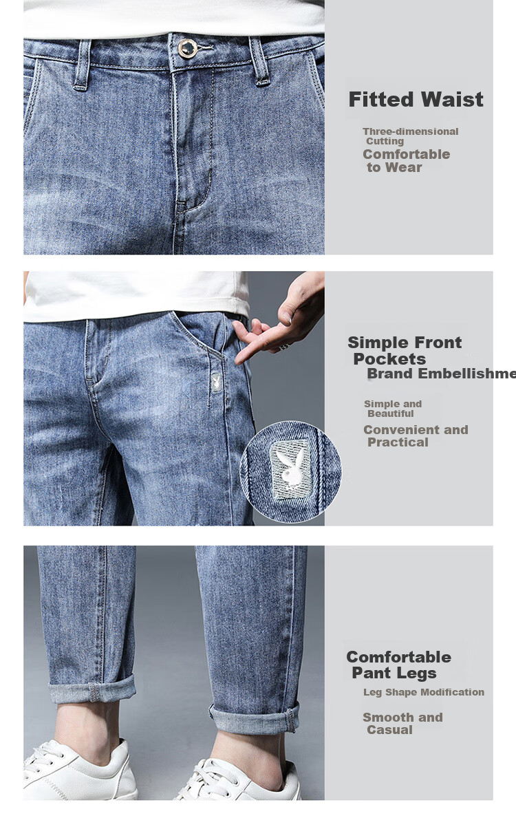 PLAYBOY Men's Jeans, Ripped, Spring And Summer Pants, Straight-Leg Trousers, Casual Slim-Fit Nine-Tenths Men's Pants, Blue, Size 32 5