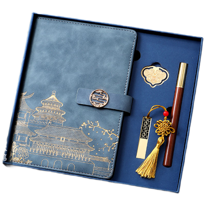 Jinyi National Trend Notebook Gift Box Set with Forbidden City Bookmark, Chinese Style Journal, Souvenir, New Year Gift A5 - Smog Blue (Sandalwood Pen + Book Clip + USB Drive)