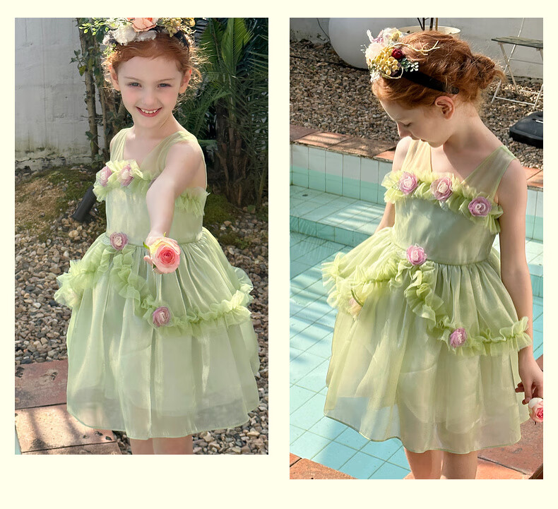 Follow Me Girls' Sleeveless Dress, Summer New Style Sweet Floral Princess Dress, Children's Formal Dress Tulle Skirt, Green, Size 160 11