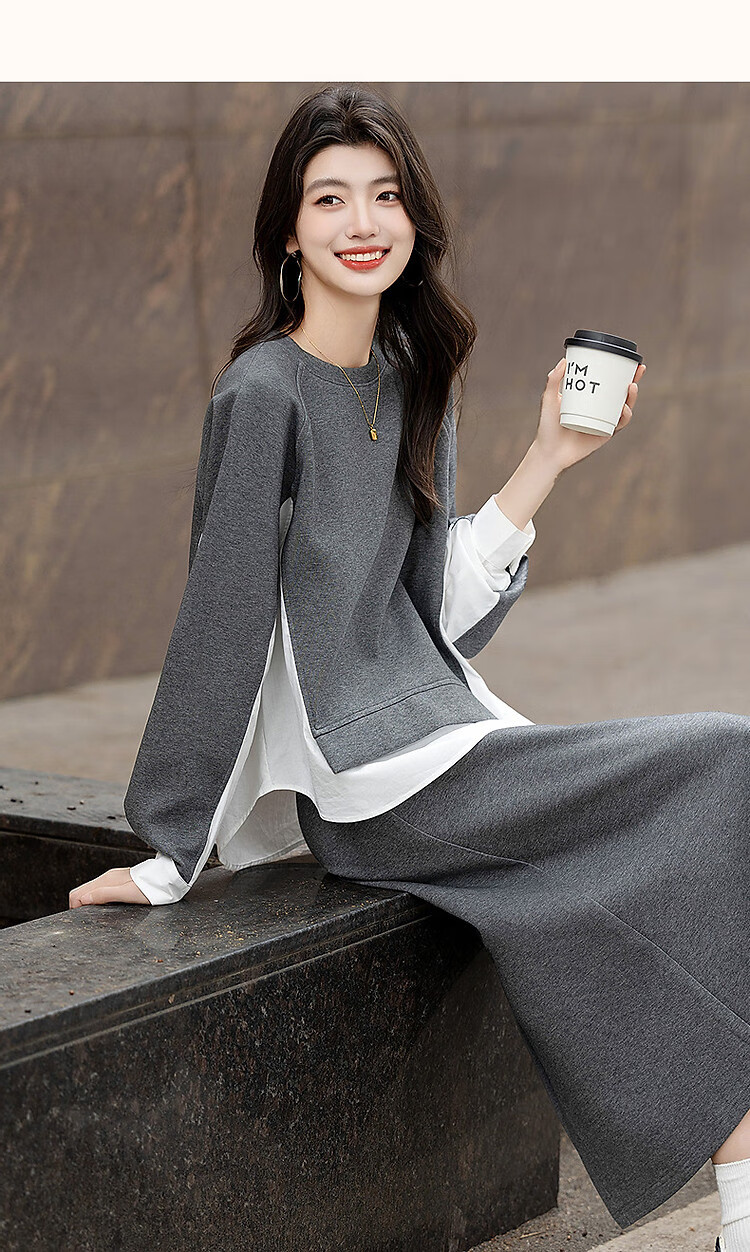 Dme 350G Air Layer Set Spring Autumn Fashion Colorblock Sweatshirt and Elastic Waist Split Skirt Two-Piece Set for Women 20
