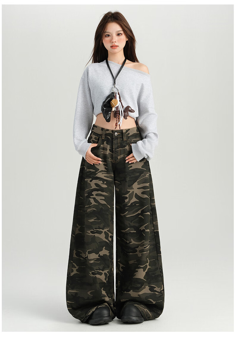 Jeanswest Women's Jeans, Spring And Summer American Camouflage, High-Waisted Slimming Straight-Leg Loose Wide-Leg Casual Pants, Gray Camouflage Long Trousers, XL 3