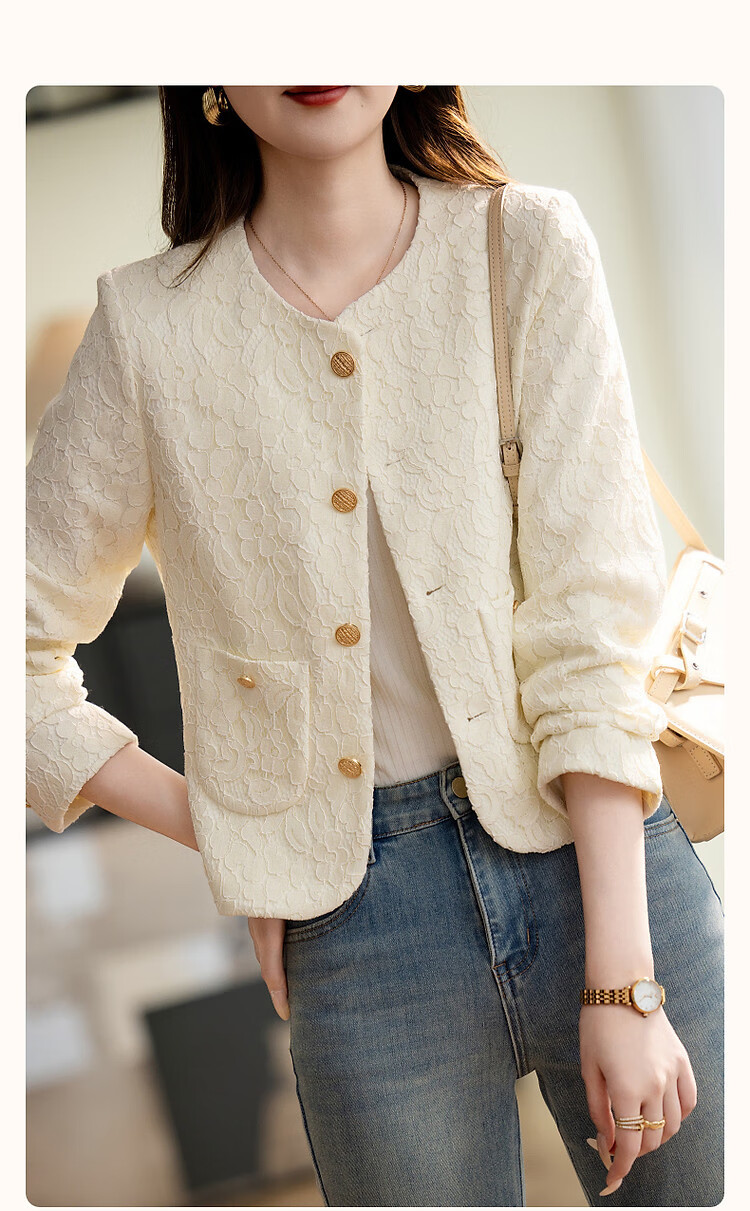 Dme [Sophisticated Fashionista Style] Spring Elegant Chanel-Inspired Lace Round Neck Waist-Cinching Metal Button Fashionable Short Jacket for Wome 2