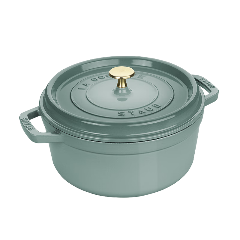 Staub French Imported Enamel Cast Iron Pot, Double-Handled Soup Pot, Cooking Utensil, Eucalyptus Green, 24cm, 1025323