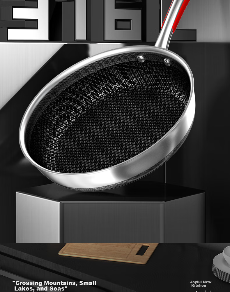 Kobach Non-Stick Frying Pan, 316L Stainless Steel, Flat Bottom Pan, Low Smoke, for Frying Eggs And Steak, Double-Sided Honeycomb Design, Yuexiaowen Model 6