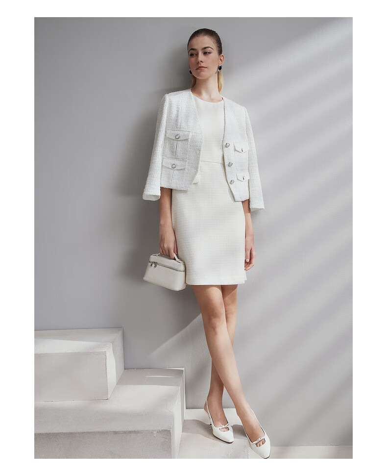 G2000 Coarse Floral Print/Mall-Matching Women's Clothing, Spring And Summer Elegant Chanel-Style Short-Sleeve Dress, Starlight White, L/38 13