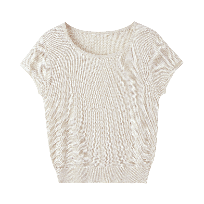 Dme [Containing Natural Linen] Summer Elegant Round Neck Short-Sleeve Sweater, Loose-Fitting Petite Knit Top for Wome
