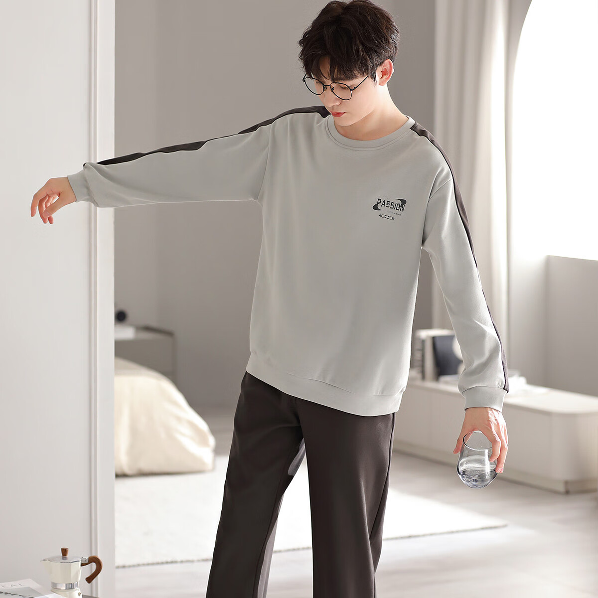 LangSha [100% Cotton] Men's Pajamas, Spring And Summer Simple Loose Comfortable Round Neck Pullover Loungewear Set, Suitable for Outdoor Wear 13