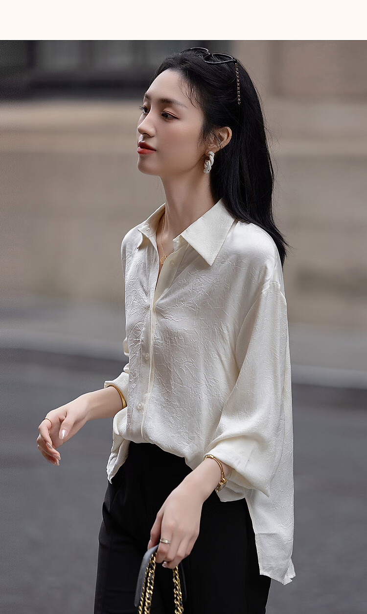 Dme [Four Seasons Wear] Spring Simple Style Commuter Shirt POLO Collar Wrinkled Shiny Texture Blouse Women's Top 11