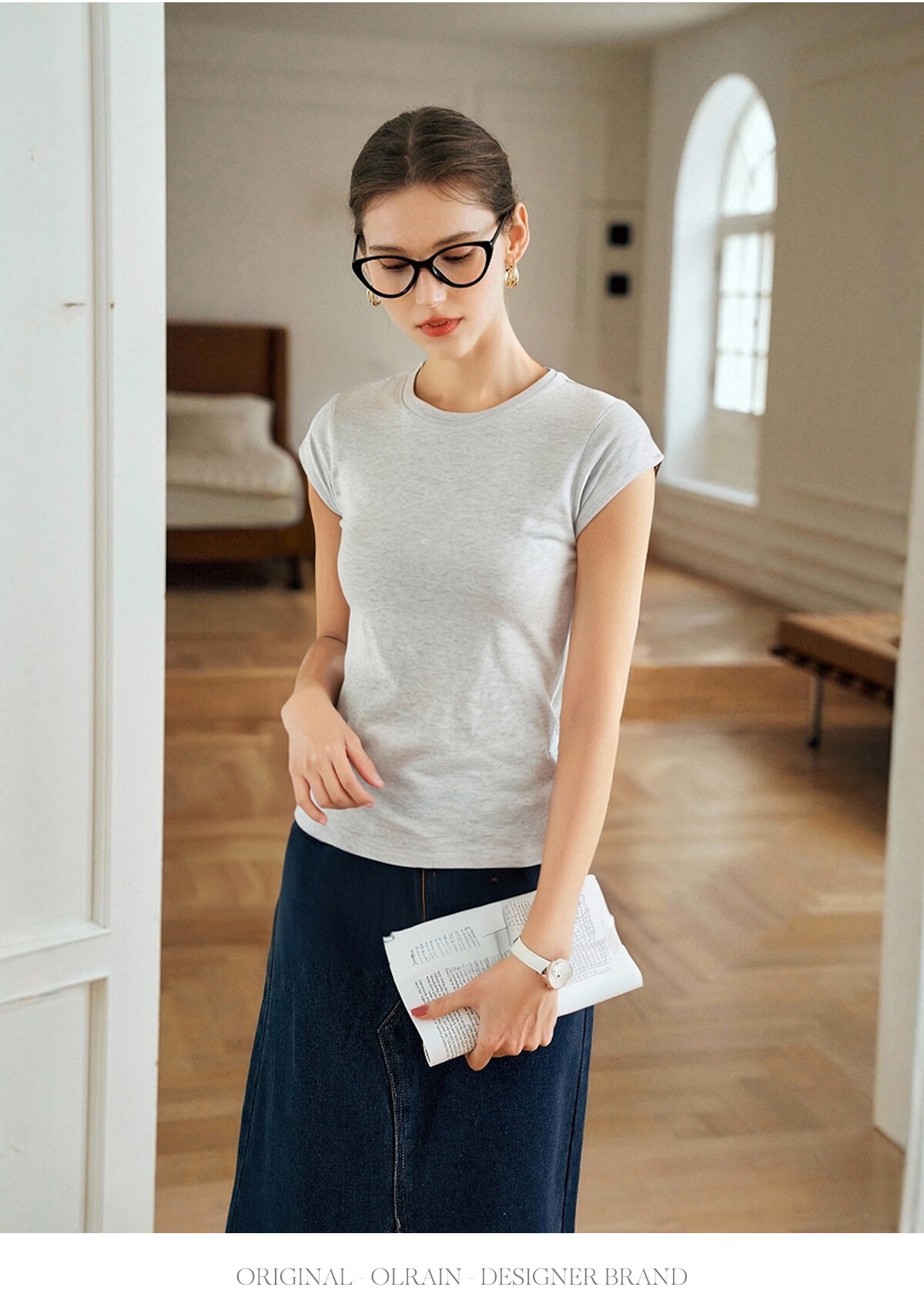 Olrain Oureier Round Neck Simple Versatile T-Shirt Women's Summer Short Sleeve Small Size Top Black M 16