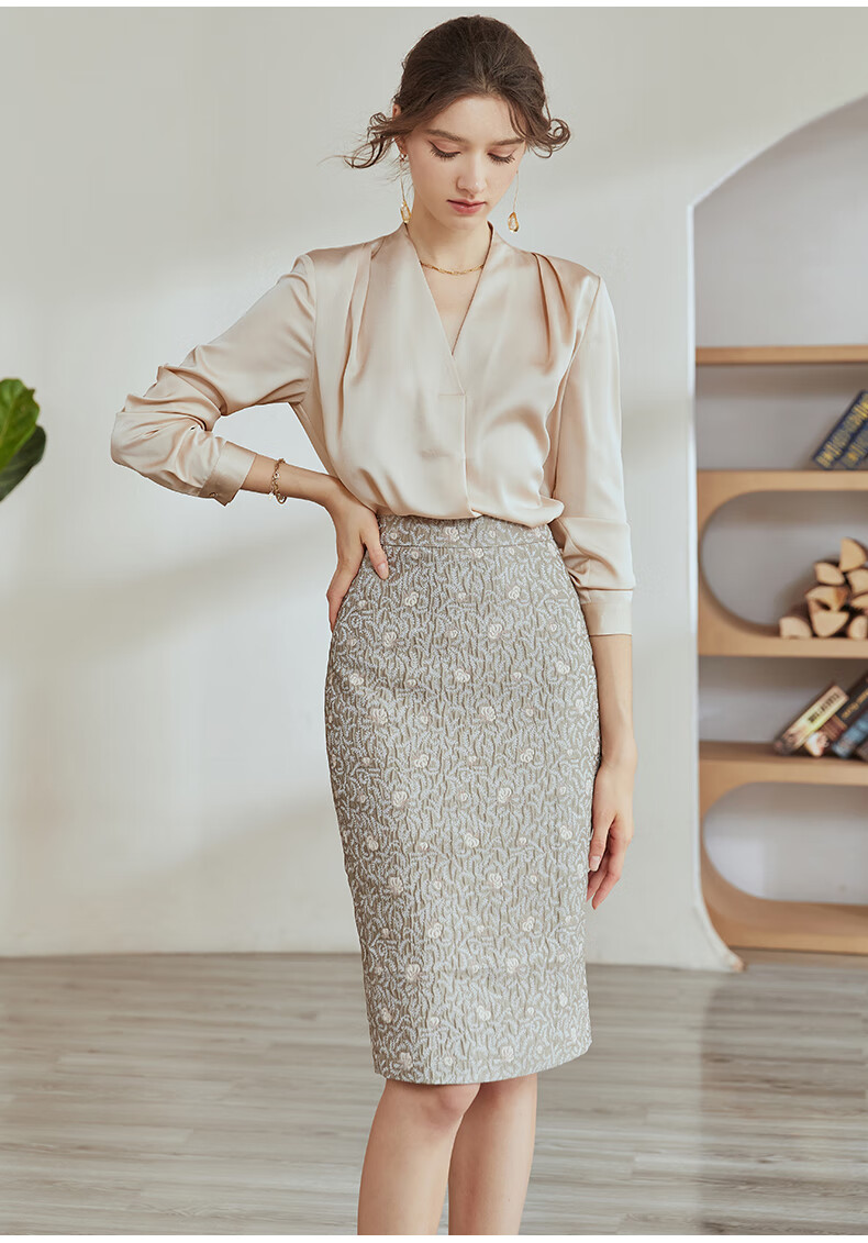 ROEYSHOUSE Satin Shirt for Women 2025 Summer Elegant V-Neck Long Sleeve Top Apricot M 7