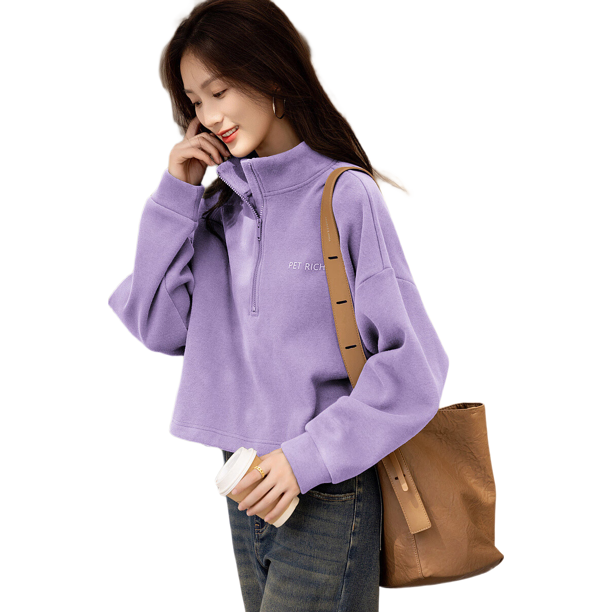 Dme [Smart Relaxation] Winter Minimalist Cloud Texture Cotton Letter Silicone Print Fashionable Stand Collar Zipper Sweatshirt for Women