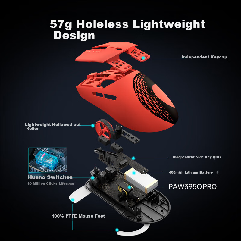 Игровая беспроводная мышь ThundeRobot ML6PRO 8K Gaming Edition, эргономичная, красная, для правой руки, 57г, 20000+ DPI