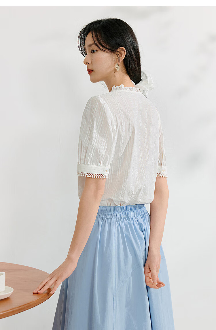 Inman Lotus Leaf Collar Hollow Embroidered Pure Cotton Shirt 2025 Summer Women's Vacation Style Puff Sleeve Blouse Pearl White M 38