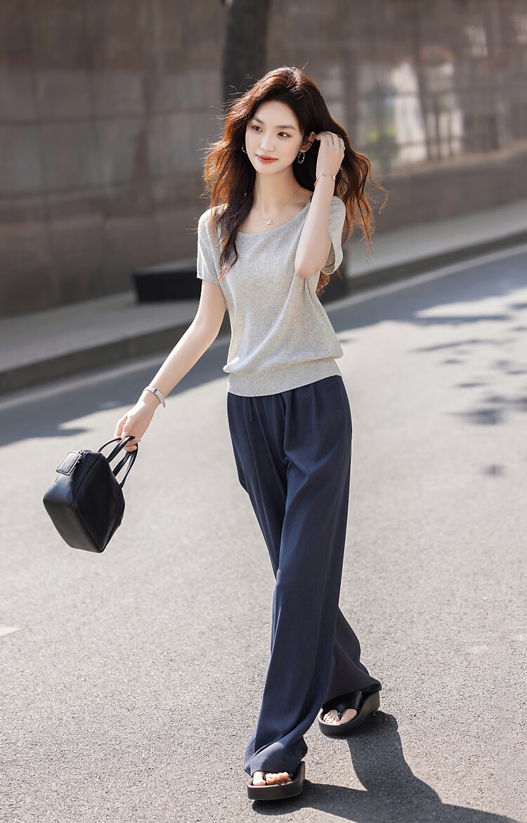 Demana Natural Linen Summer Elegant Round Neck Short Sleeve Loose Knit Top for Petite Women 10