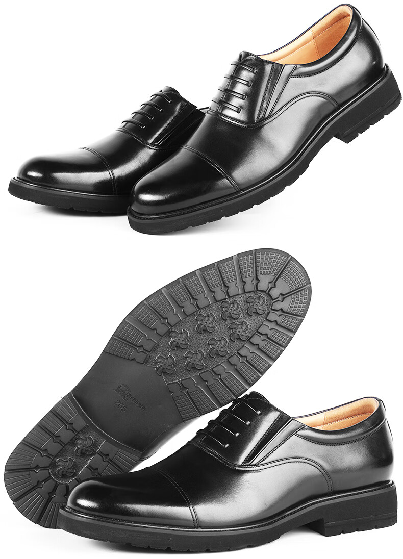 3515 Qiangren Three-Prong Leather Shoes for Men, Cowhide Business Formal Shoes, Breathable Men's Shoes, Black, Size 44 3