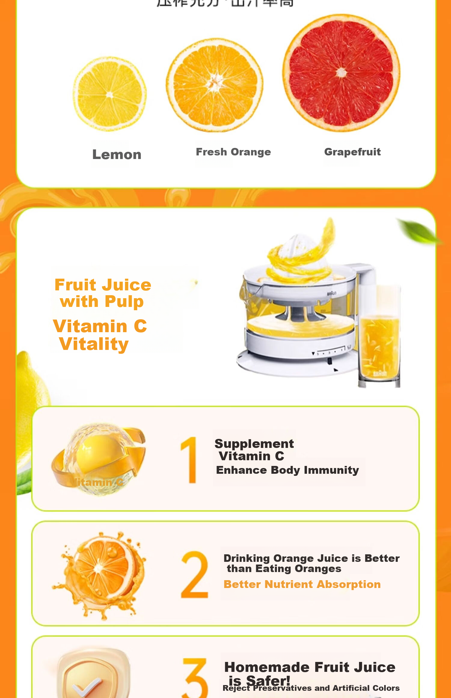 Braun Orange Juicer CJ3000, Manual-Pressed Orange Squeezer, Home Automatic Small Electric Juicer, Fresh Fruit Press 3