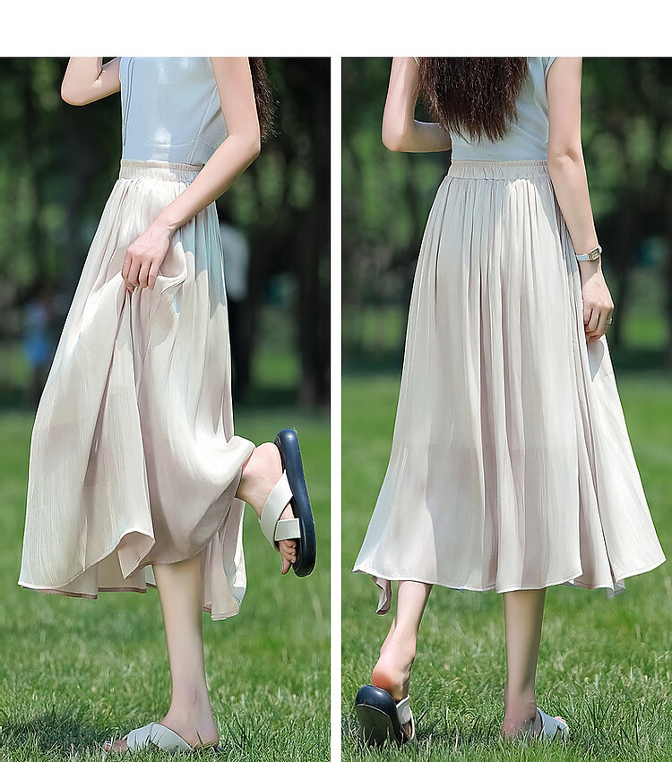 Dme [Pearl Mermaid] Summer French Fairy Smooth And Delicate Elastic Waist Midi Skirt for Wome 13
