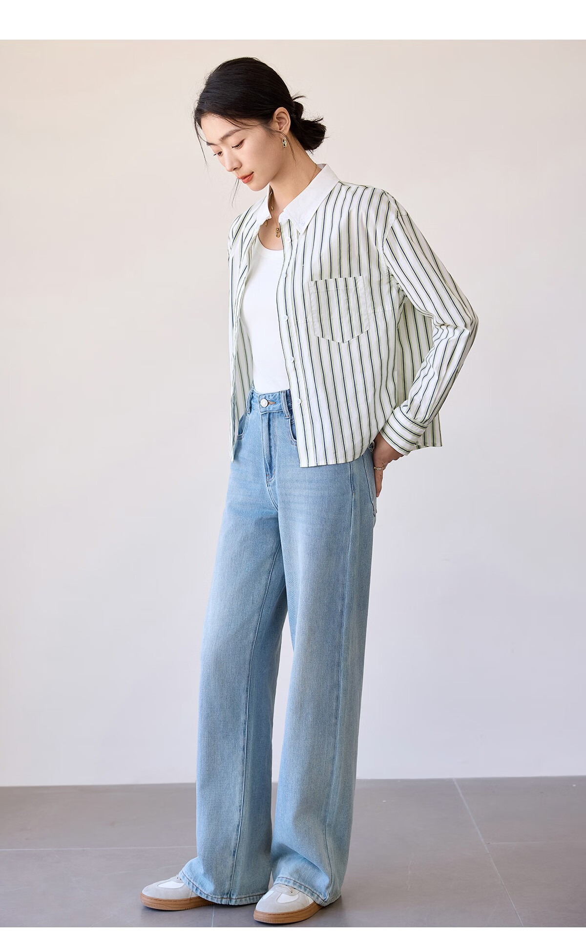 Chushen Women's Long-Sleeve Shirt, Contrasting Color Lapel, Classic Striped Short Casual Commuter Pure Cotton Blouse S51S043 23