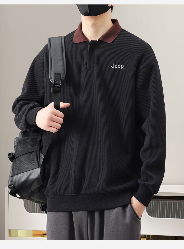 JEEP Men's Sweatshirt, Spring And Autumn Heavyweight Polo Collar Long Sleeve Casual Top, Black, 3XL 13