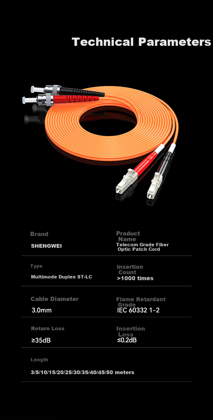 Shengwei Engineering Telecom-Grade Fiber Optic Patch Cable LC-ST Multi-Mode Dual-Core 3 Meters 62.5/125 Low Smoke Zero Halogen Environmentally Friendly Outer Sheath Transceiver Pigtail FMC-206 9