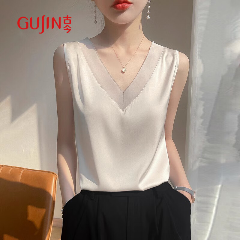 GUJIN V-Neck Premium Ice Silk Camisole Women's Innerwear Blazer Base Layer Vest Imitation Silk Satin Elegant Loose Fit Top