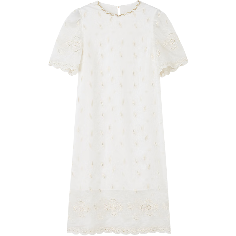 Dme [Breathable Lyocell] Summer Woven Strap Round Neck Embroidered Puff Sleeve Straight Mid-Length Women's Dress