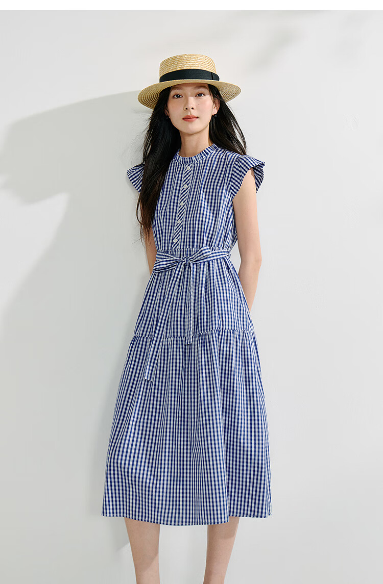 INMAN French Plaid Dress Summer Women's Versatile Puff Sleeve A-Line Skirt Navy Blue S 54