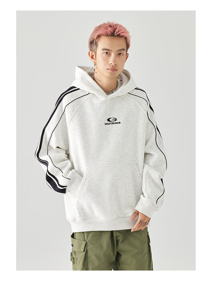 GOLFCROSS Couple's Retro Academic Style Striped Patchwork Color-Block Letter Embroidery Hoodie, Black, XXXL 15