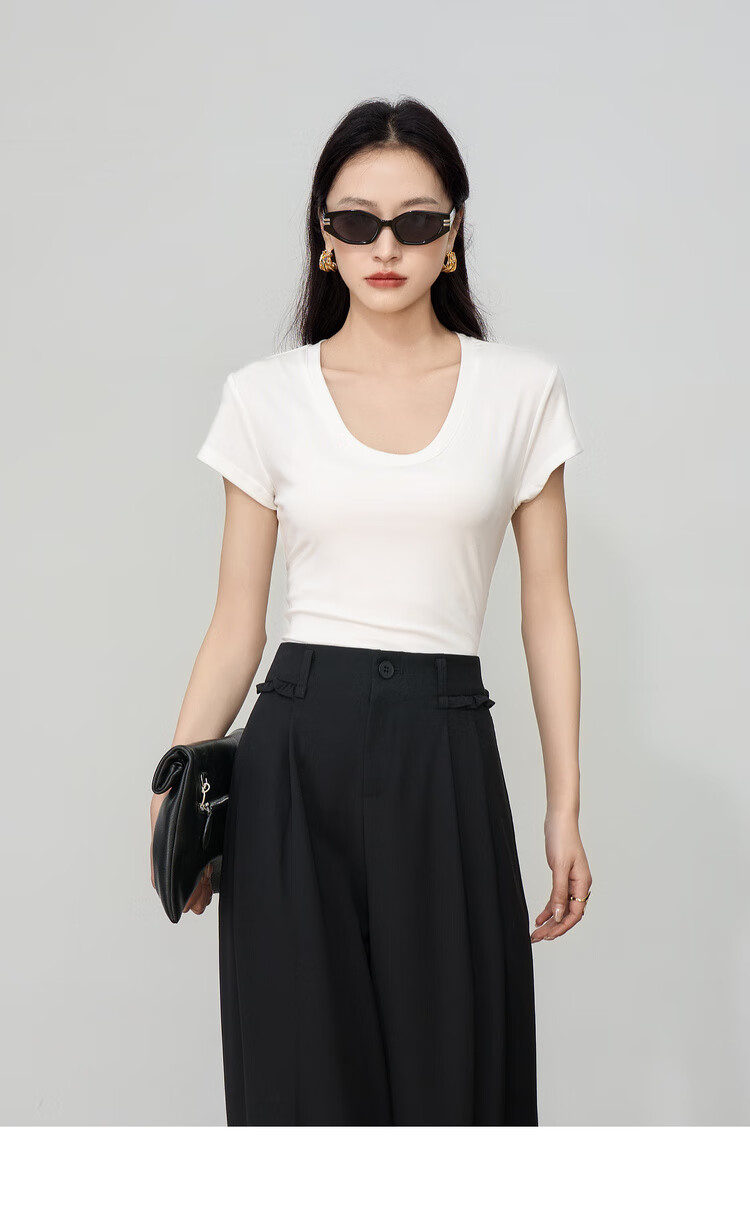 Olrain White U-Neck Slim Fit Short Sleeve T-Shirt for Women Summer Petite Top White L 10