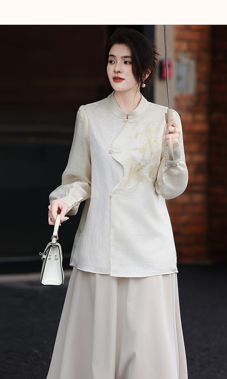 Dme [Gentle Oriental Beauty] Autumn Chinese-Style New Shirt with Stand Collar, Slanted Placket, Frog Buttons And Embroidery, Women's Blouse Top 13