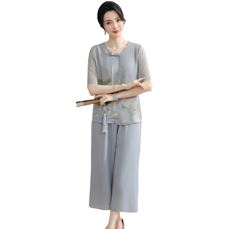 Hengyuanxiang Mother's Day Gift Practical Summer Chiffon Short Sleeve Suit for Mom, Stylish Middle-aged and Elderly Women's Clothing for 50s and 60s