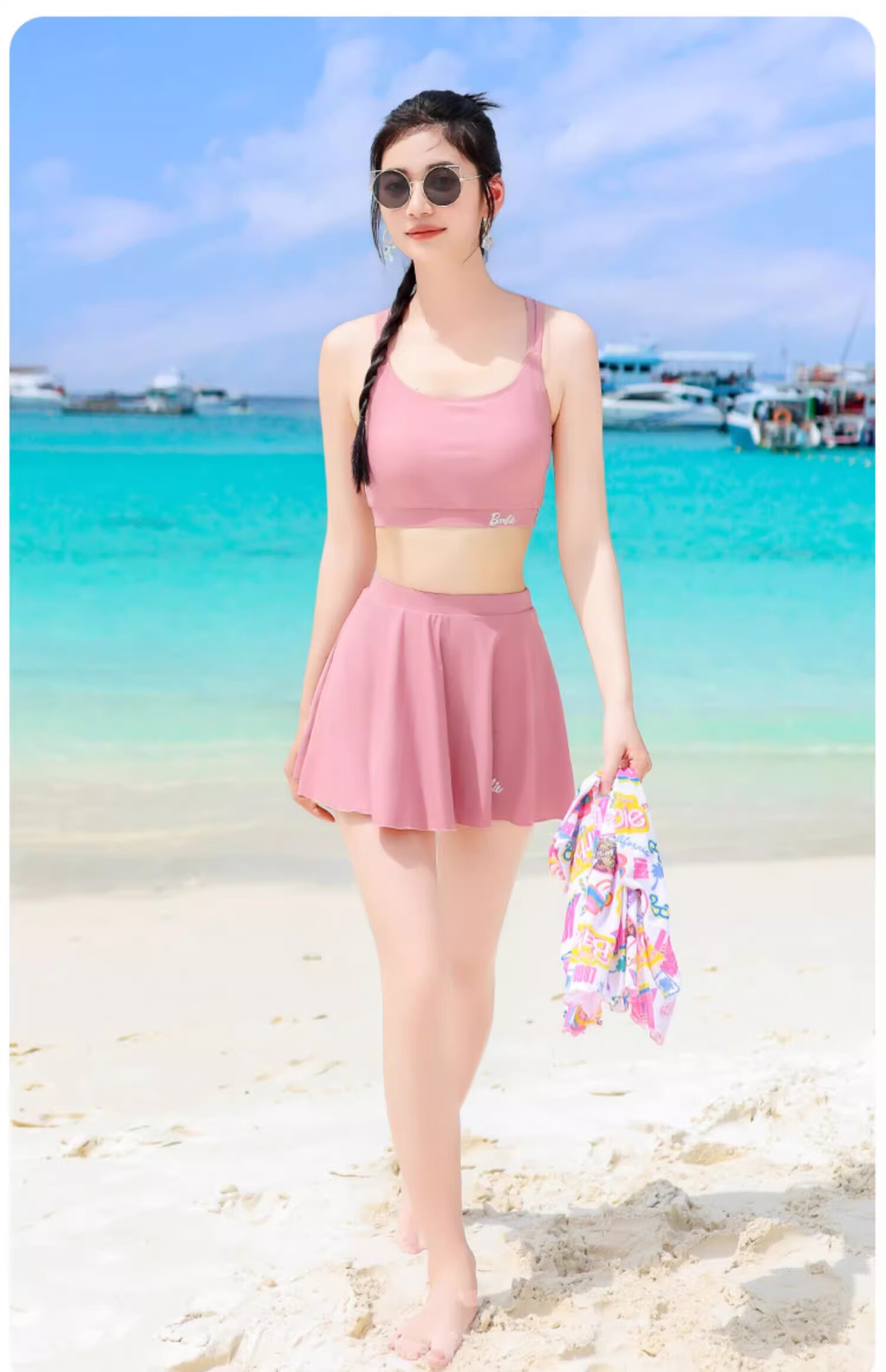 Barbie Women's Two-Piece Beach Vacation Swimwear Set, Long-Sleeve Cover-Up, Slimming Swimwear for Hot Springs Resort 18
