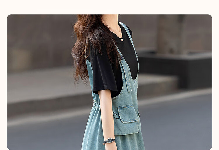 Demana Faux Two-Piece Layered Effect Summer Round Neck Cloud Cotton Denim Patchwork Mid-Length Women's Knit Dress 5