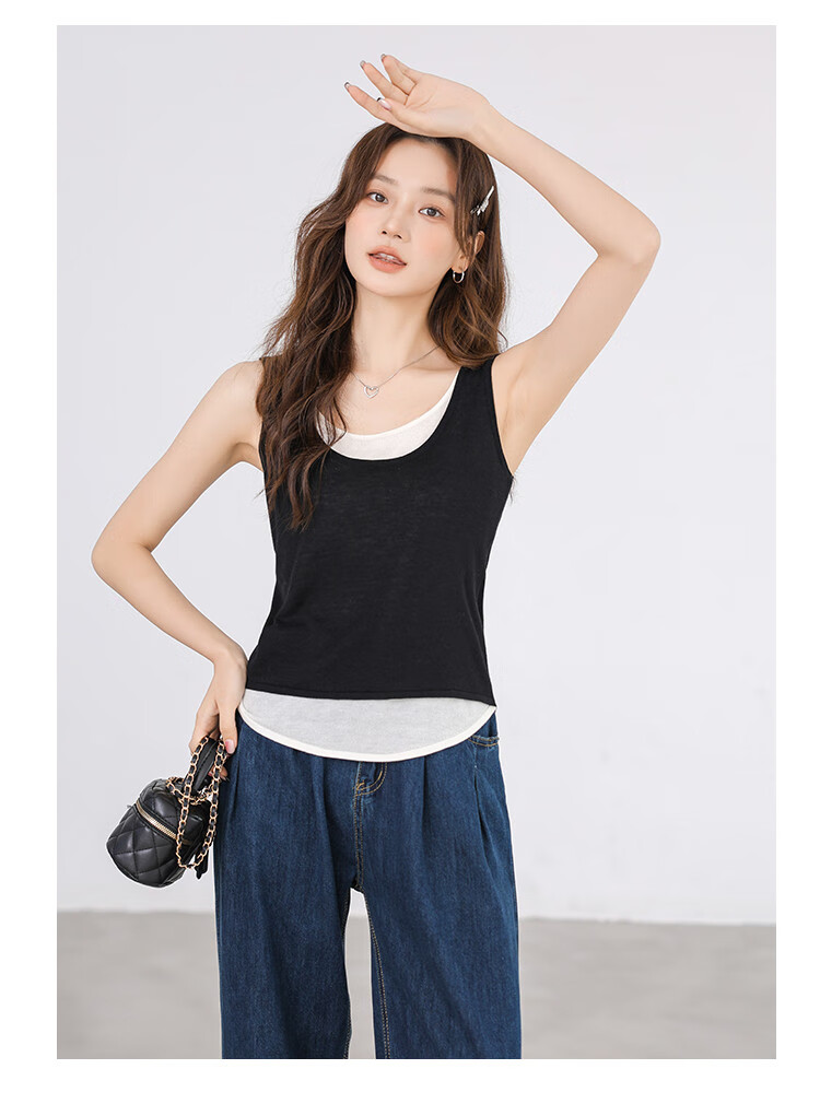 NOMe Snowflake Cotton Faux Two-Piece Loose Vest for Women, Outer Wear, 2026 Summer Stylish Simple Sleeveless Top, Black, M 5