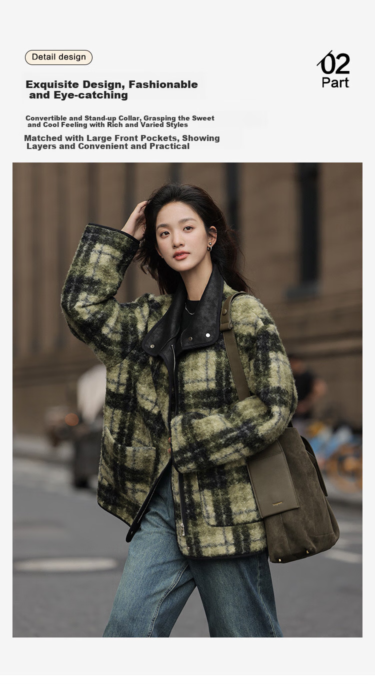 Dme [Vintage Elegant Top] Eye-Catching Plaid Green Relaxed Faux Shearling Jacket for Wome 7