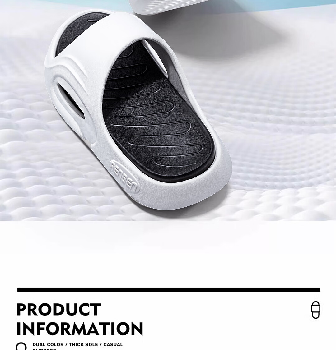 RENBEN Slippers for Men And Women, Thick-Soled Home Bathroom Shower Sports Outdoor Sandals, Model 20007, Black And White, Size 44-45 3