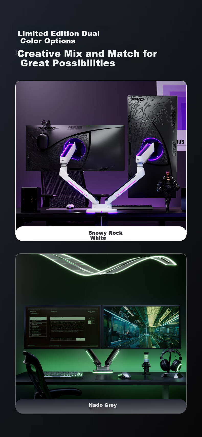 Brateck Beihu Dual-Screen Monitor Stand, Mechanical Arm One-To Computer Stand Multi-Screen Extension Desktop Clip-On Base E700-2 Gray, Holographic Light Effect Hanging Lamp Screen Suspensio 10