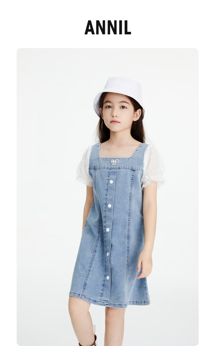 Annil Girls' Summer Dress, New Stylish Short-Sleeve Denim Skirt with Puff Sleeves for Trendy Little Girls 1