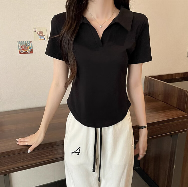 Langsha Women's Short Sleeve V-Neck T-Shirt Summer Fashion Versatile High-End Black Slim Fit Crop Top 21