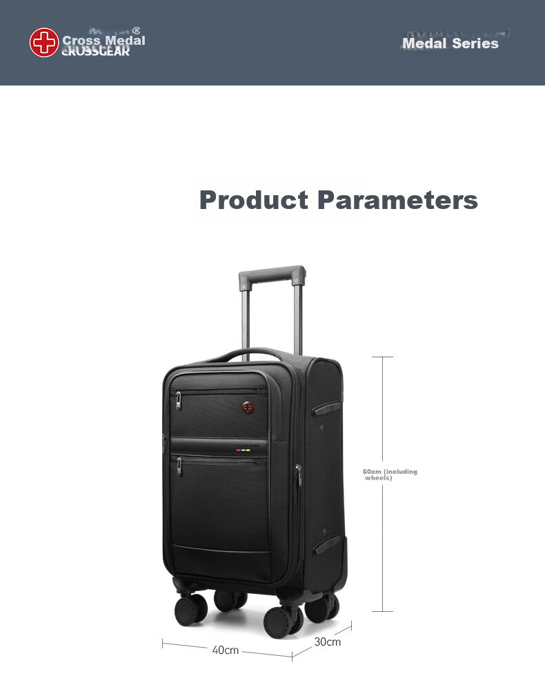 CROSSGEAR Cross Medal Business Suitcase for Men And Women, 20-Inch Small Carry-On Trolley Case with Front Opening, Oxford Fabric Luggage for Travel And Business Trips 15