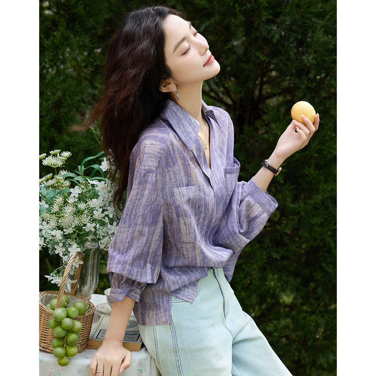 Dme [Art Student Outfit] Summer Artistic Gradient Lapel Shirt, Loose Comfortable Blouse, Women's Top