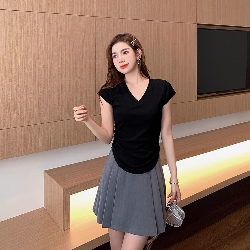 Woodpecker Women's V-Neck Short Sleeve T-Shirt 2025 New Spring Summer Slim Fit Waist Drawstring Casual Niche Top Black S 10